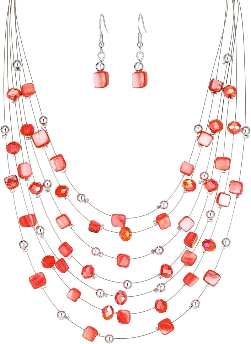 Errally Store Multi-Layer Boho Shell Beaded Necklace for Women Colorful Crystal Strand with Silver Beads Statement Collars Necklace and Earrings Costumes Jewelry Sets for Women - Image 1